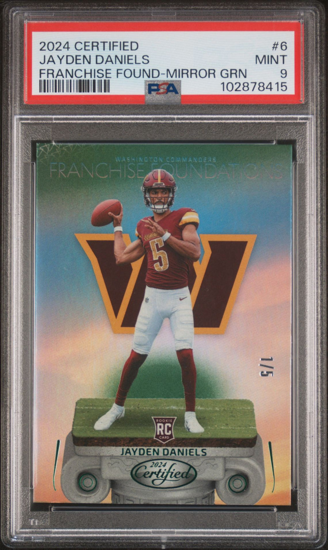 JAYDEN DANIELS 2024 Panini Certified Franchise Foundations Green SSP 1/5 PSA 9