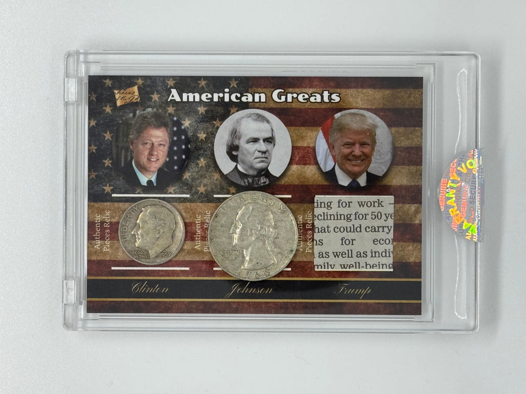 DONALD TRUMP, BILL CLINTON, ANDREW JOHNSON 2022 Pieces of Past American Greats Coin Relic SEALED