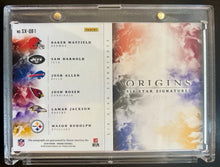 Load image into Gallery viewer, JOSH ALLEN BAKER MAYFIELD LAMAR JACKSON SAM DARNOLD 2018 Panini Origins RC Six Star Signatures Booklet AUTO 8/10
